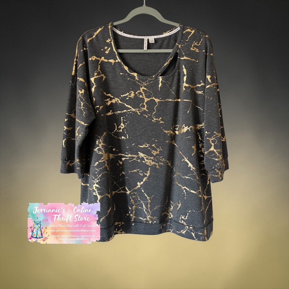 Live Well‎ Active Women Charcoal Gold Metallic Marble Cutout Sweatshirt 14/16W